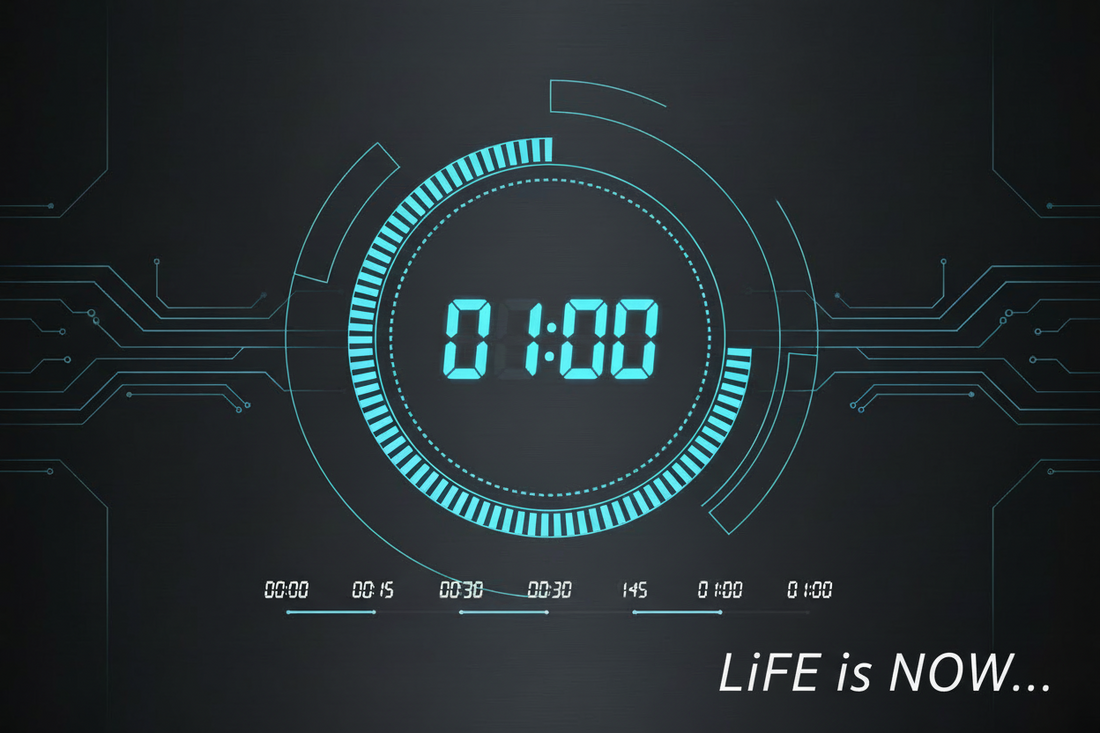 digital clock showing 60 seconds, with words LiFE is NOW...