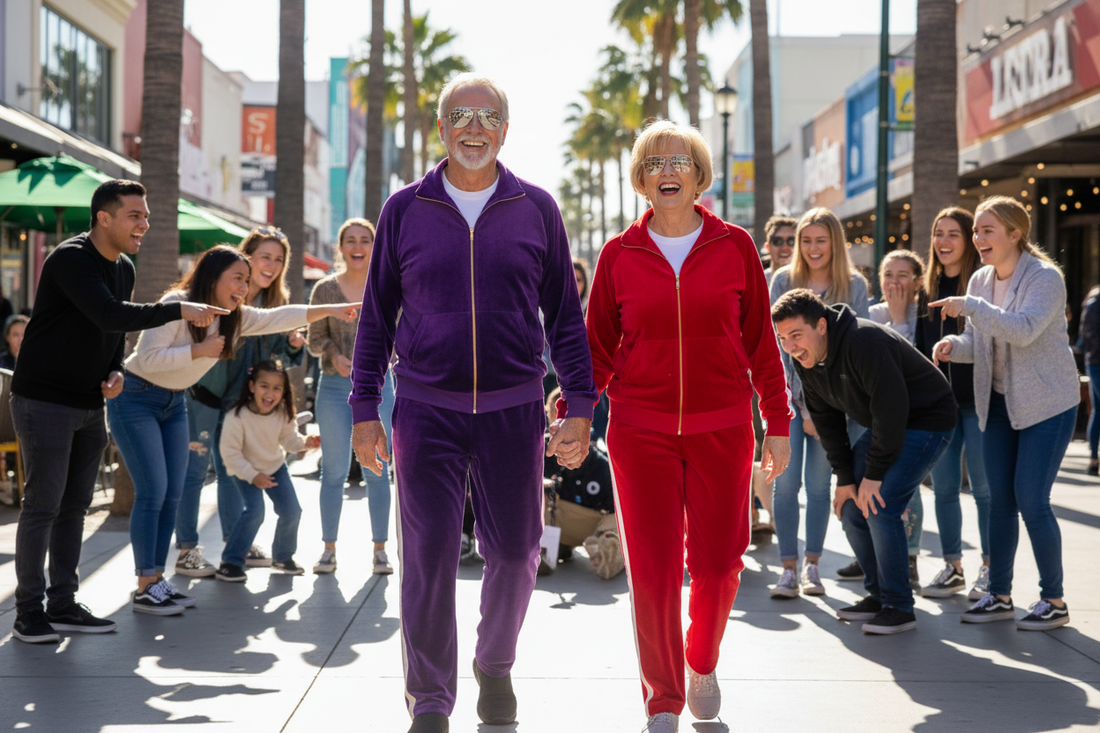 man in purple velour jumpsuit and woman in red velour jumpsuit holding hands not caring what people think of them