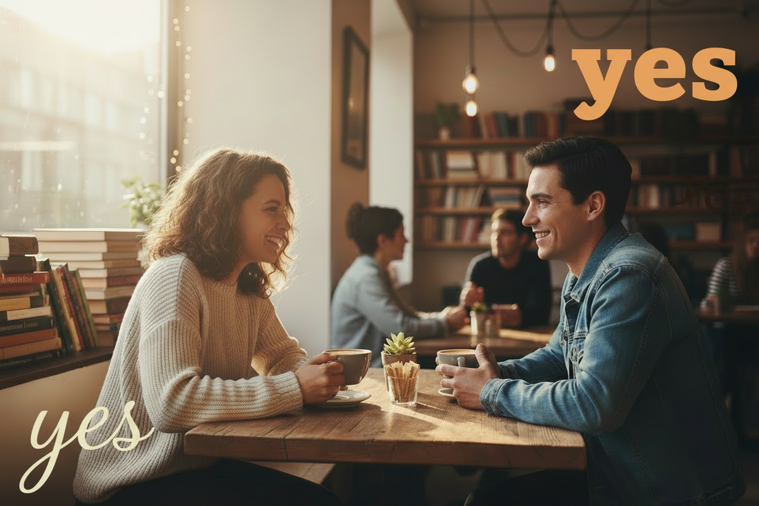 man and woman sitting talking, smiling drinking coffee.  with the words 'yes'